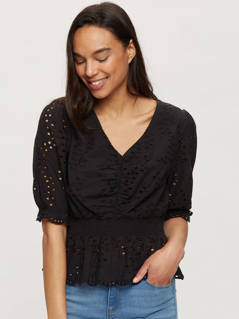 

DOROTHY PERKINS Black Geometric Puff Sleeves Pure Cotton Cinched Waist Top