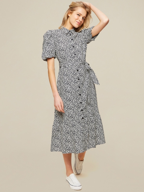 

DOROTHY PERKINS Women Black & White Pure Cotton Floral Print Shirt Dress