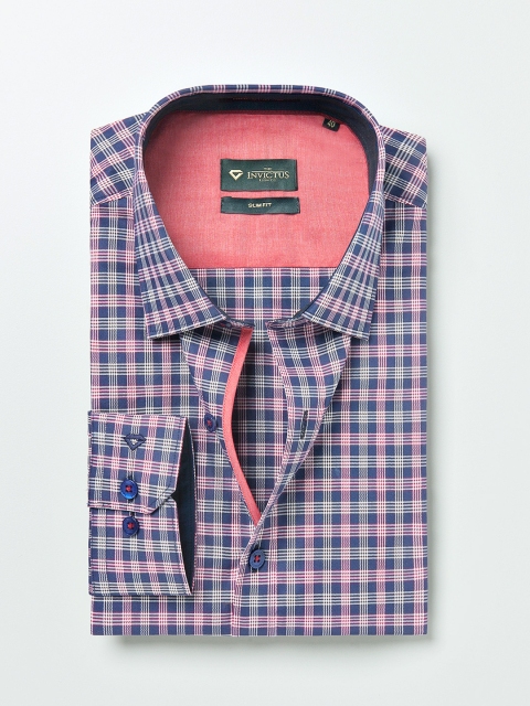 

INVICTUS Navy & Red Checked Slim Formal Shirt, Navy blue