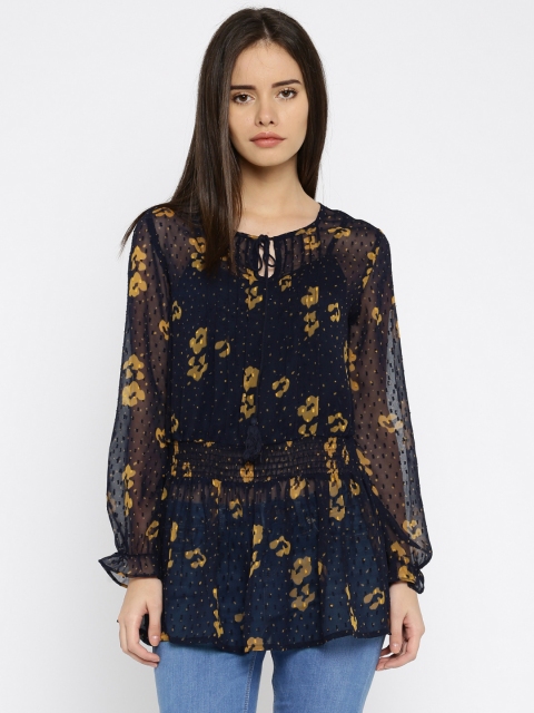 

DressBerry Women Navy Sheer Smocked Tunic, Navy blue
