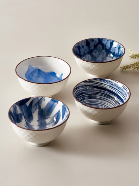 

THEDECORKART Set Of 4 White & Blue Oceana Katoris Ceramic Bowls