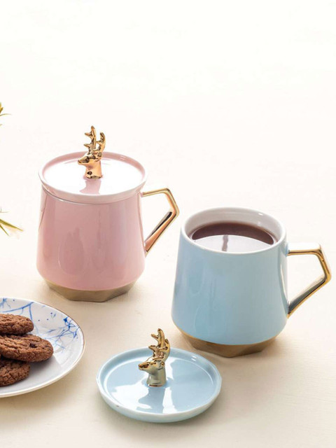 

THEDECORKART Set of 2 Pink & Blue Solid Ceramic Mugs