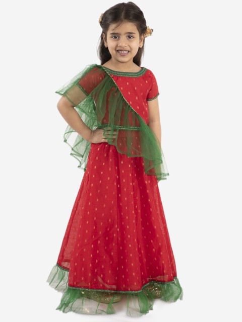 

KID1 Girls Red & Green Woven Design Ready to Wear Lehenga & Blouse with Dupatta