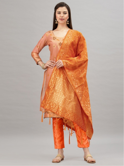 

Satrani Orange & Golden Cotton Blend Unstitched Dress Material