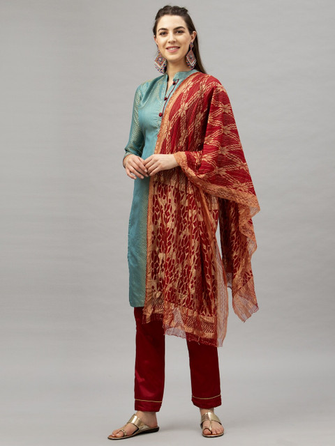 

Satrani Blue & Maroon Poly Silk Unstitched Dress Material