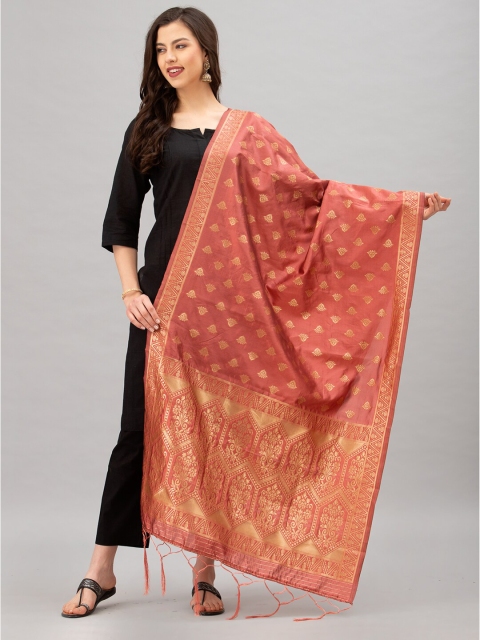

Satrani Rust & Gold-Toned Woven Design Jacquard Banarasi Dupatta