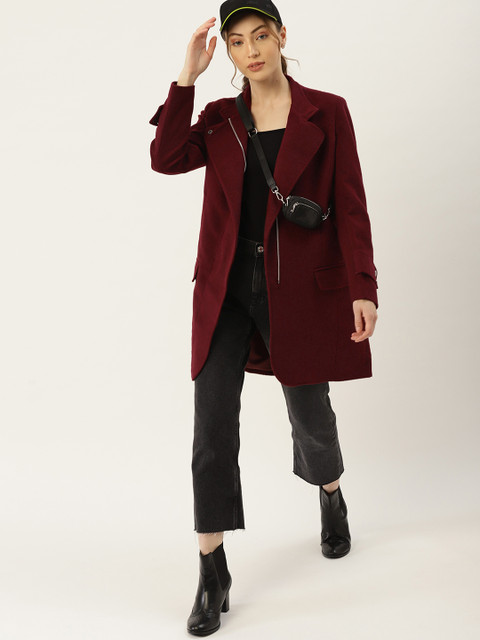 

DressBerry Women Burgundy Solid Overcoat