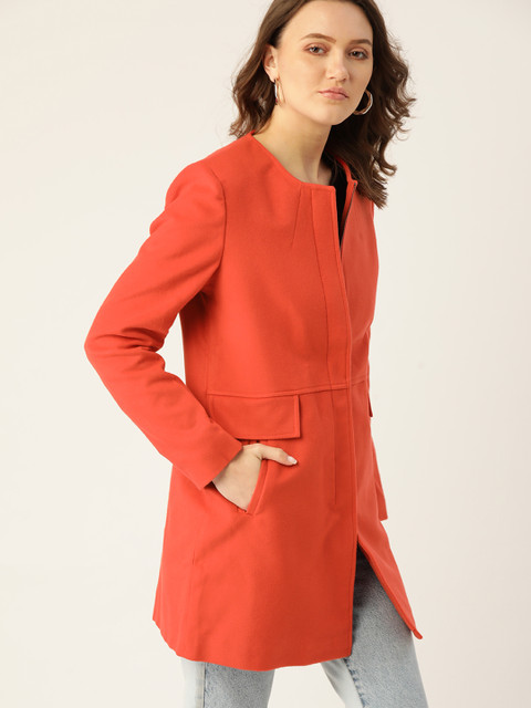 

DressBerry Women Coral Red Solid Longline Overcoat