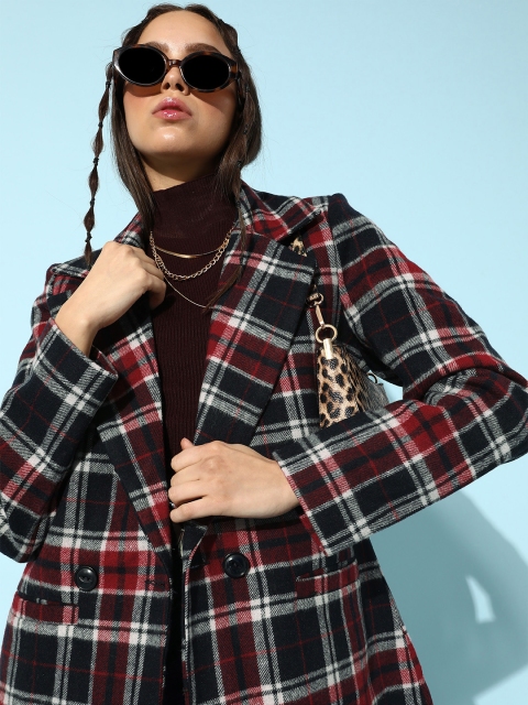

DressBerry Women Red & Navy Blue Checked Hip Length Overcoat
