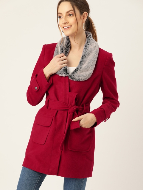 

DressBerry Women Maroon Solid Hip Length Over Coat with Belt