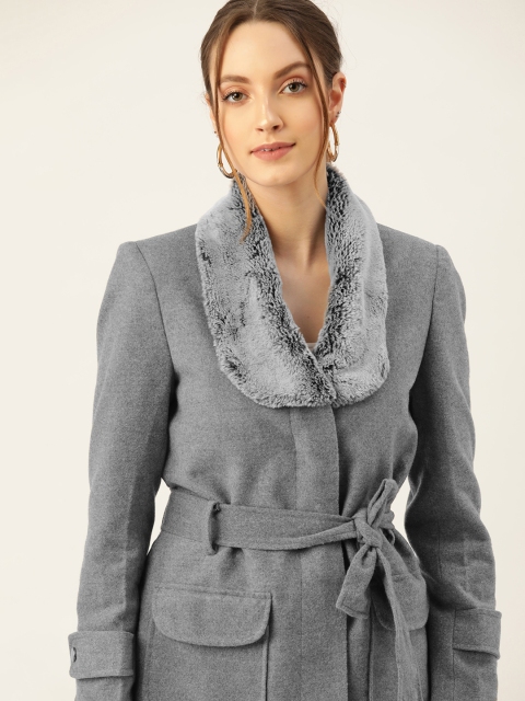 

DressBerry Women Grey Solid Hip Length Over Coat with Belt