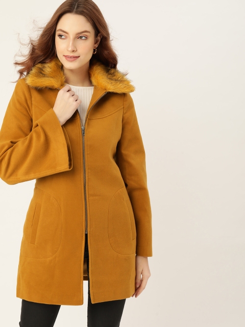 

DressBerry Women Mustard Brown Solid Trench Coat with Faux Fur Trim