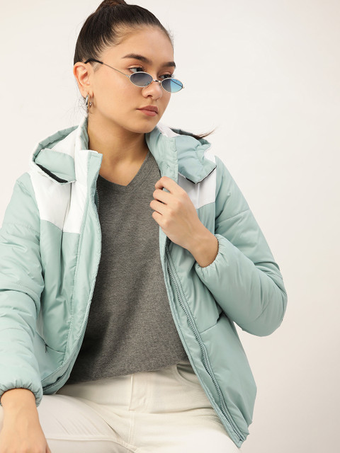

DressBerry Women Green & White Colourblocked Hooded Padded Jacket
