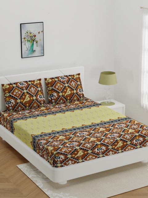 

BOMBAY DYEING Yellow & Brown Ethnic Motifs 144 TC Cotton 1 Queen Bedsheet with 2 Pillow Covers