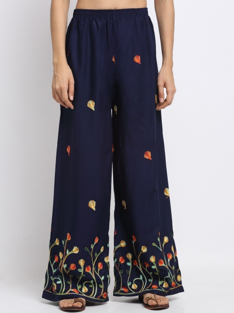 

NEUDIS Women Navy Blue & Green Embroidered Wide Leg Palazzos