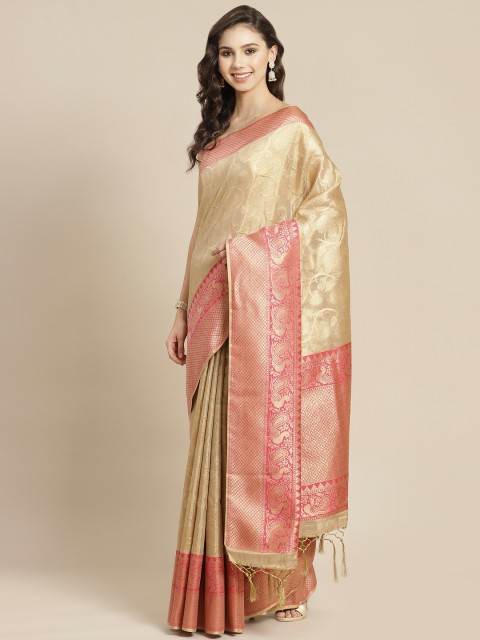 

Mitera Beige & Golden Ethnic Motifs Liva Saree