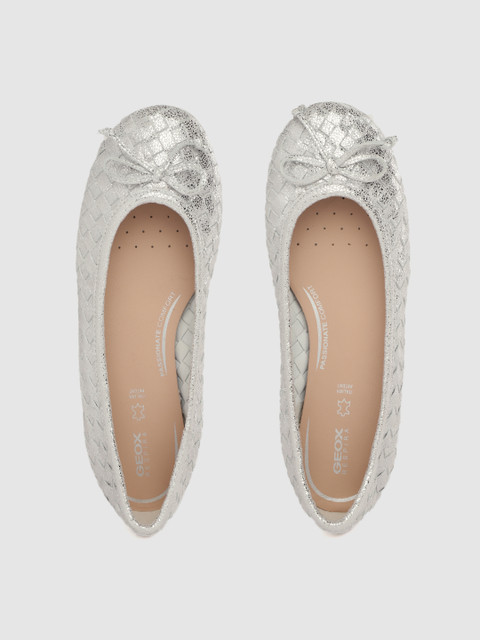 

Geox Women Silver-Toned Basket Weave Leather Ballerinas with Bow Detail