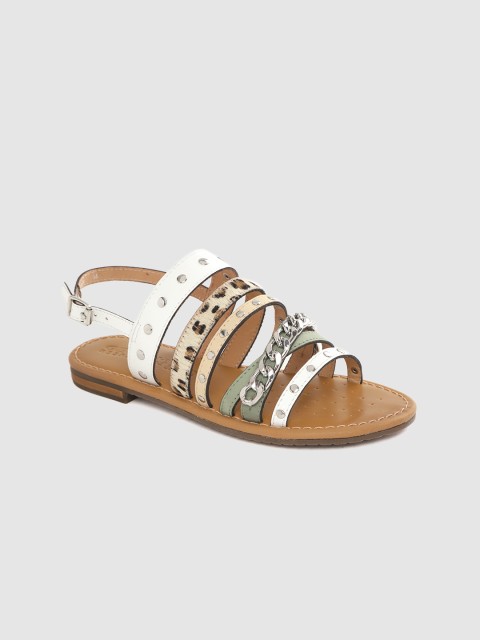 

Geox Women White & Silver-Toned Studded & Chain Detail Leather Open Toe Flats