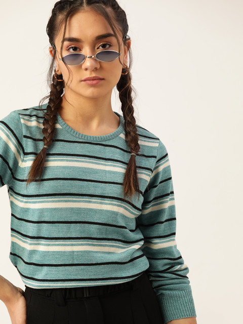

DressBerry Women Green & White Striped Pullover