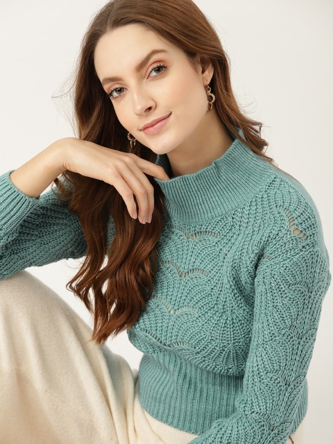 

DressBerry Women Sea Green Self-Design Pullover