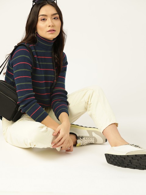 

DressBerry Women Navy Blue & Pink Ribbed Striped Pullover