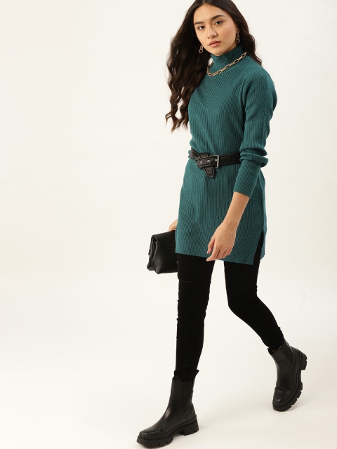 

DressBerry Women Teal Green Ribbed Longline Pullover