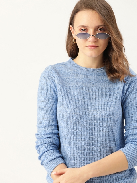 

DressBerry Women Blue Solid Pullover with Cable Knitted Detail
