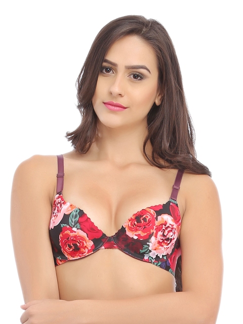 

Clovia Red & Black Floral Print Push-Up Bra BR0619P09