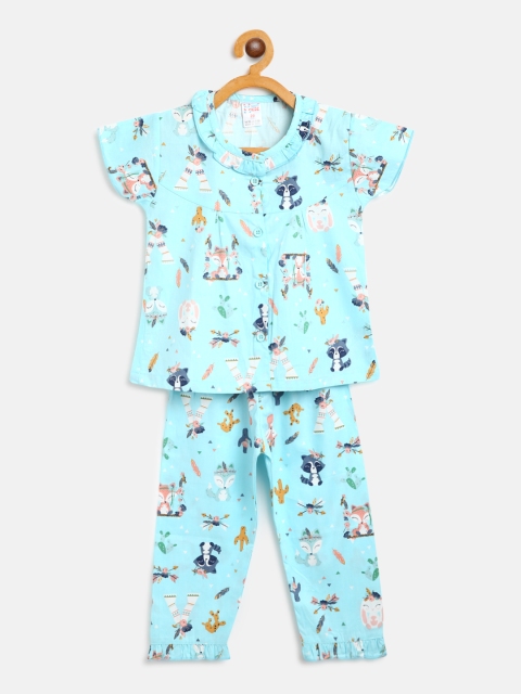 

NAUTI KIDZ Girls Blue & White Conversational Print Pure Cotton Night suit