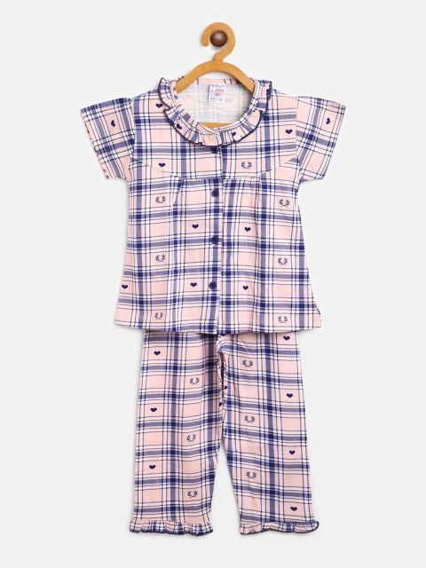 

NAUTI KIDZ Girls Pink & Blue Checked Pure Cotton Night suit