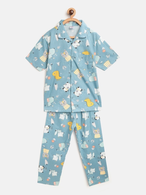 

NAUTI KIDZ Boys Blue & White Animals Print Pure Cotton Night suit