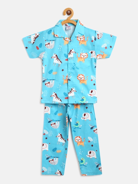 

NAUTI KIDZ Boys Turquoise Blue & White Conversational Print Pure Cotton Night Suit