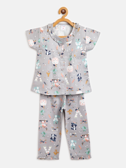 

NAUTI KIDZ Girls Grey & White Conversational Print Pure Cotton Night suit