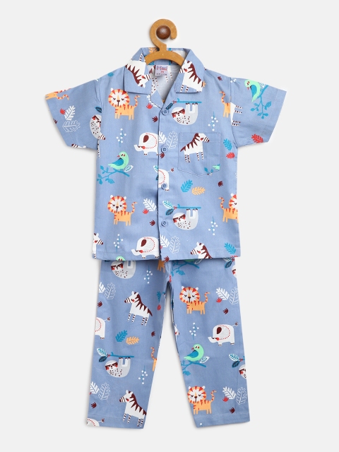 

NAUTI KIDZ Boys Blue & White Conversational Print Pure Cotton Night Suit