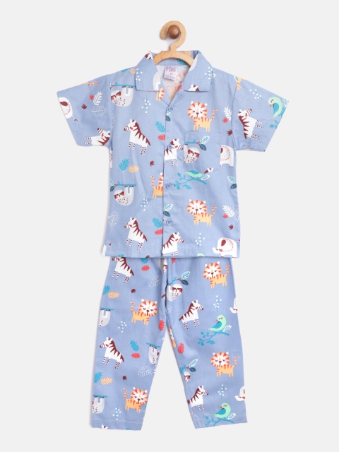 

NAUTI KIDZ Boys Blue & White Pure Cotton Printed Night Suit