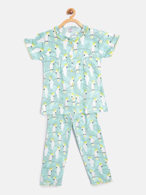 

NAUTI KIDZ Girls Green & White Cockatoo Print Pure Cotton Night Suit