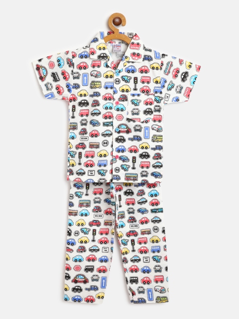 

NAUTI KIDZ Boys White & Blue Cars Print Pure Cotton Night Suit