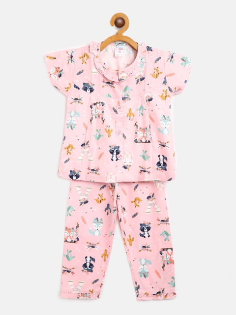 

NAUTI KIDZ Girls Pink & Navy Blue Conversational Print Pure Cotton Night suit