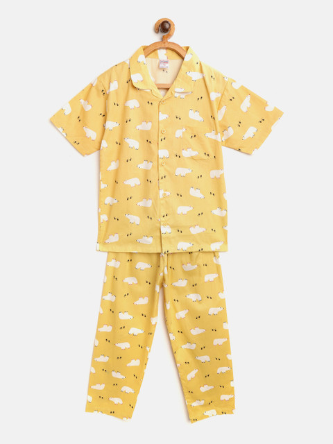 

NAUTI KIDZ Boys Yellow & White Bears Print Pure Cotton Night suit