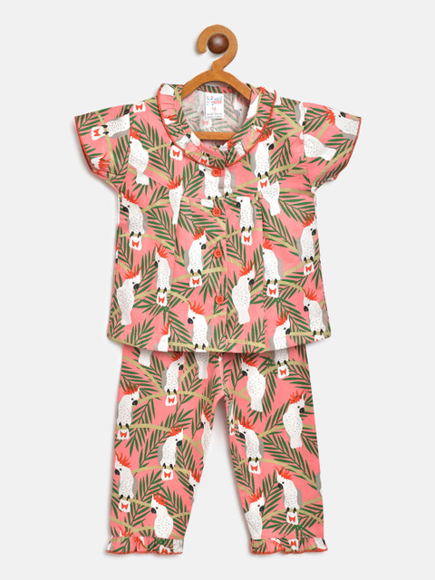 

NAUTI KIDZ Girls Pink & Green Cotton Cockatoo Print Night suit