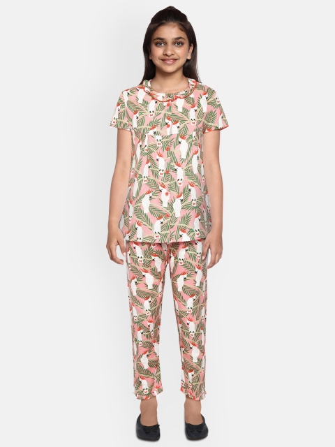 

NAUTI KIDZ Girls Green & White Cockatoo Print Pure Cotton Night Suit, Pink