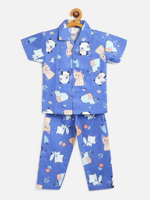 

NAUTI KIDZ Boys Blue & Beige Conversational Print Pure Cotton Night Suit