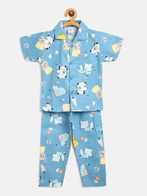

NAUTI KIDZ Boys Blue & White Conversational Print Pure Cotton Night Suit