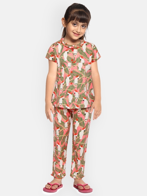 

NAUTI KIDZ Girls Pink & Green Cotton Cockatoo Print Night suit