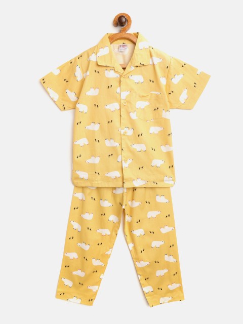 

NAUTI KIDZ Boys Yellow & White Bear Print Pure Cotton Night suit