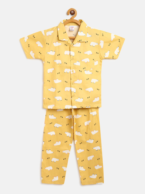 

NAUTI KIDZ Boys Yellow & White Bears Print Pure Cotton Night suit