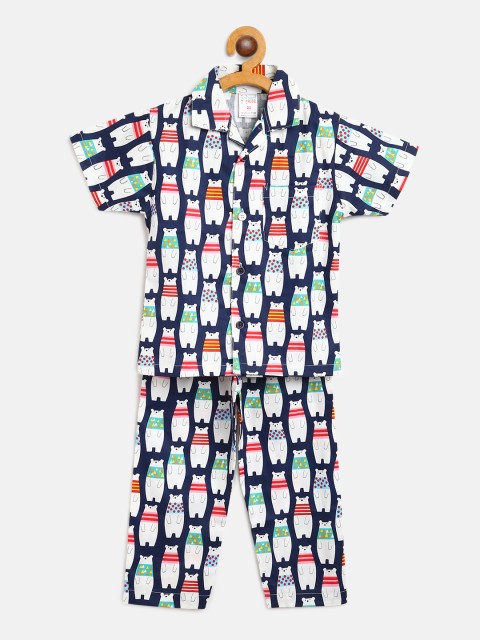 

NAUTI KIDZ Boys Navy Blue & White Bear Print Pure Cotton Night suit
