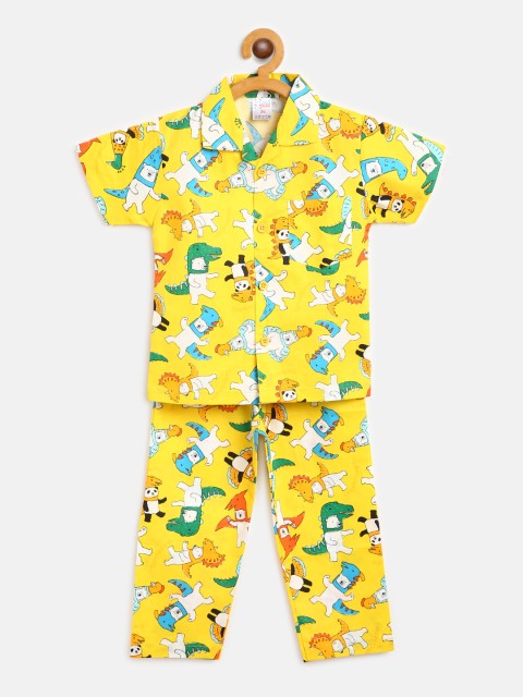

NAUTI KIDZ Boys Yellow & White Bear & Panda Print Pure Cotton Night suit