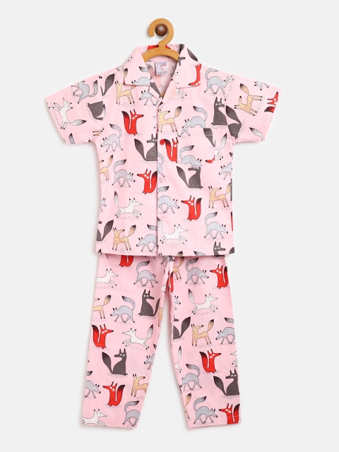 

NAUTI KIDZ Boys Pink & Grey Fox Print Pure Cotton Night suit