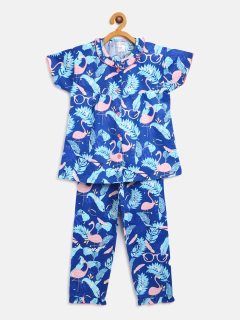 

NAUTI KIDZ Girls Blue & Pink Pure Cotton Tropical Printed Night Suit